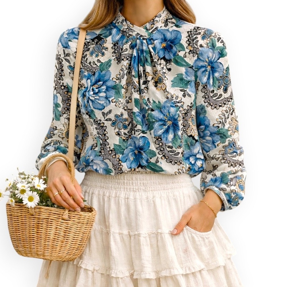 Pyke LTD Vintage Floral Blouse Blue Teal Long Sleeve Top Womens 10 Cottagecore M